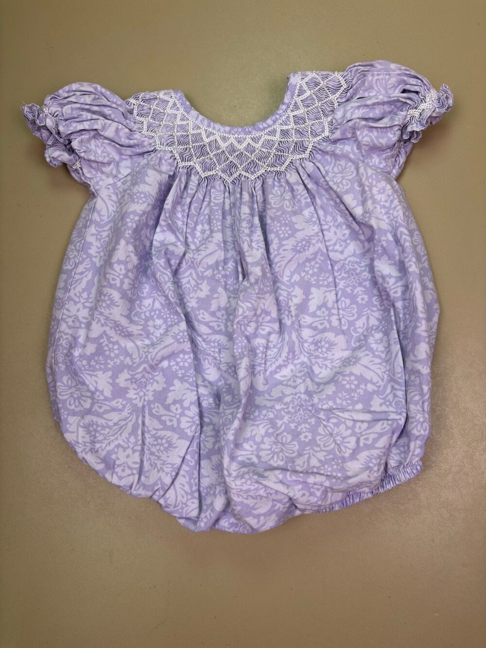 Mom & Me Baby Girls NB Lavender Purple Floral Smocked Bubble Romper Pearl Detail